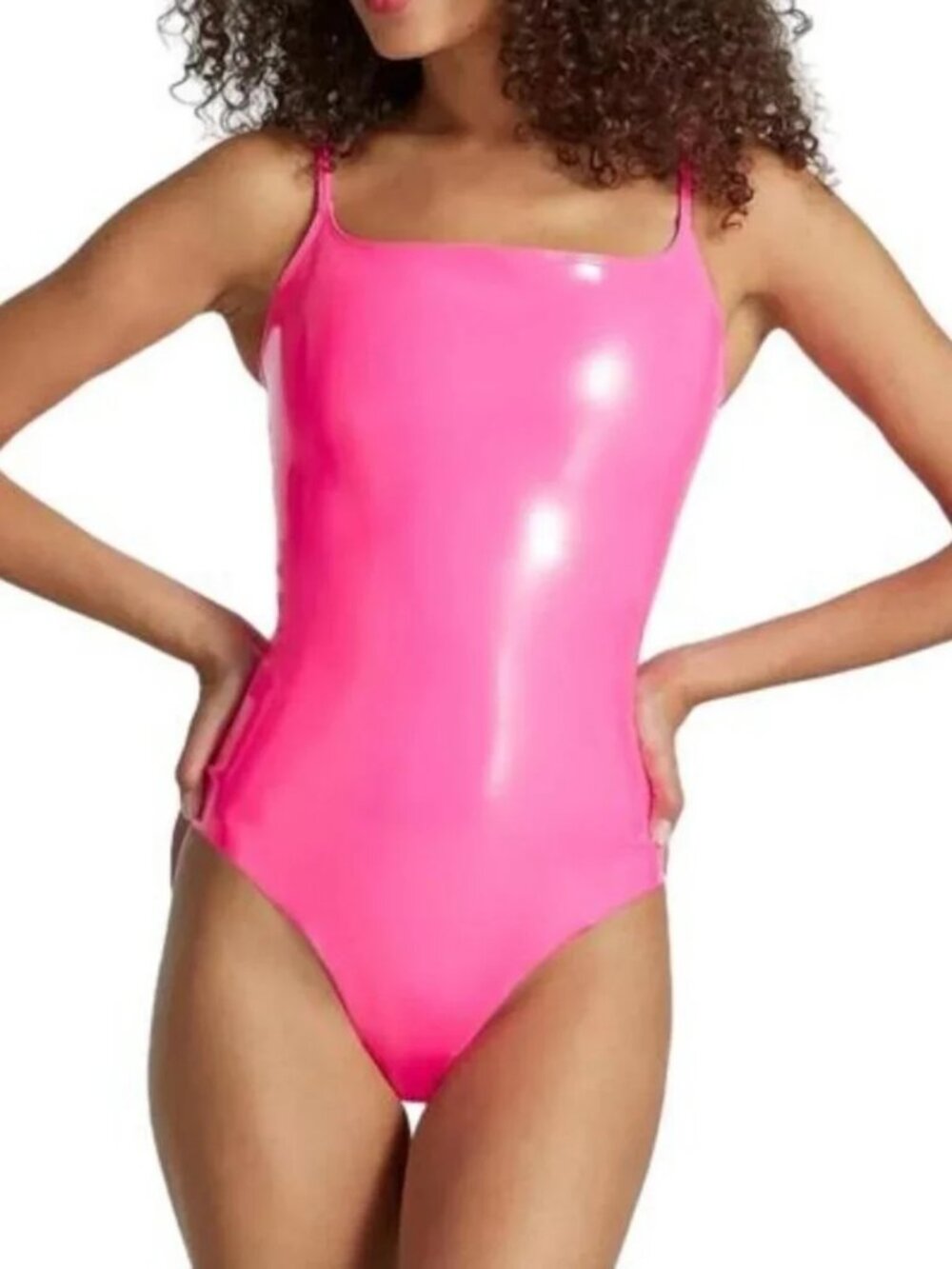Neon Pink Commando Faux Patent Leather Cami Bodysuit Large NWT Stained